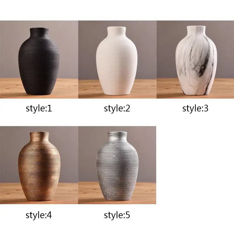 Five distinct ribbed ceramic vases in black white marble gold and silver for modern ceramic nordic home decor by DecorBites