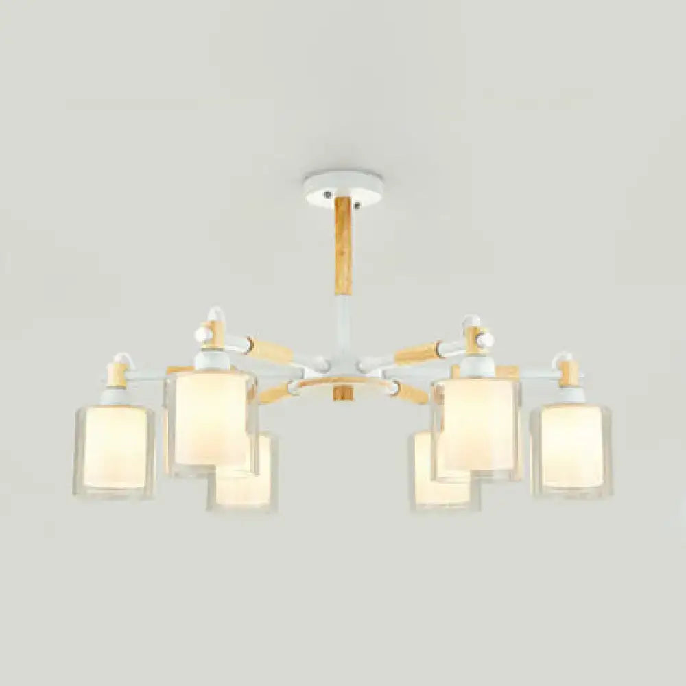 DecorBites™ modern chic cylinder hanging pendant lamp with white wood frame and five frosted glass shades for bedroom lighting