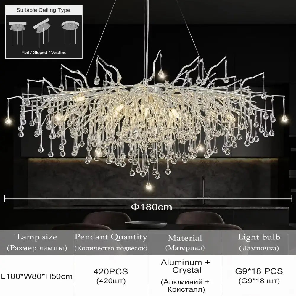 Decorbites modern chrome crystal chandelier with branching design aluminum frame 180cm wide for living room lamp package
