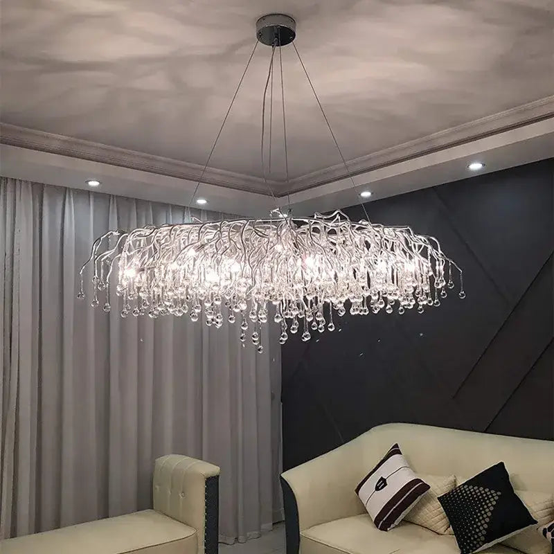 DecorBites™ modern chrome crystal chandelier with silver metal frame and clear droplets for living room lamp package