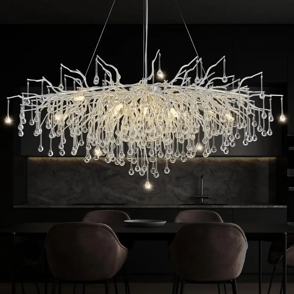 DecorBites™ modern chrome crystal chandelier with branching clear glass droplets for living room lamp package