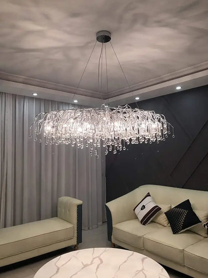 DecorBites™ modern chrome crystal chandelier with silver metal frame and glass droplets for living room lamp package