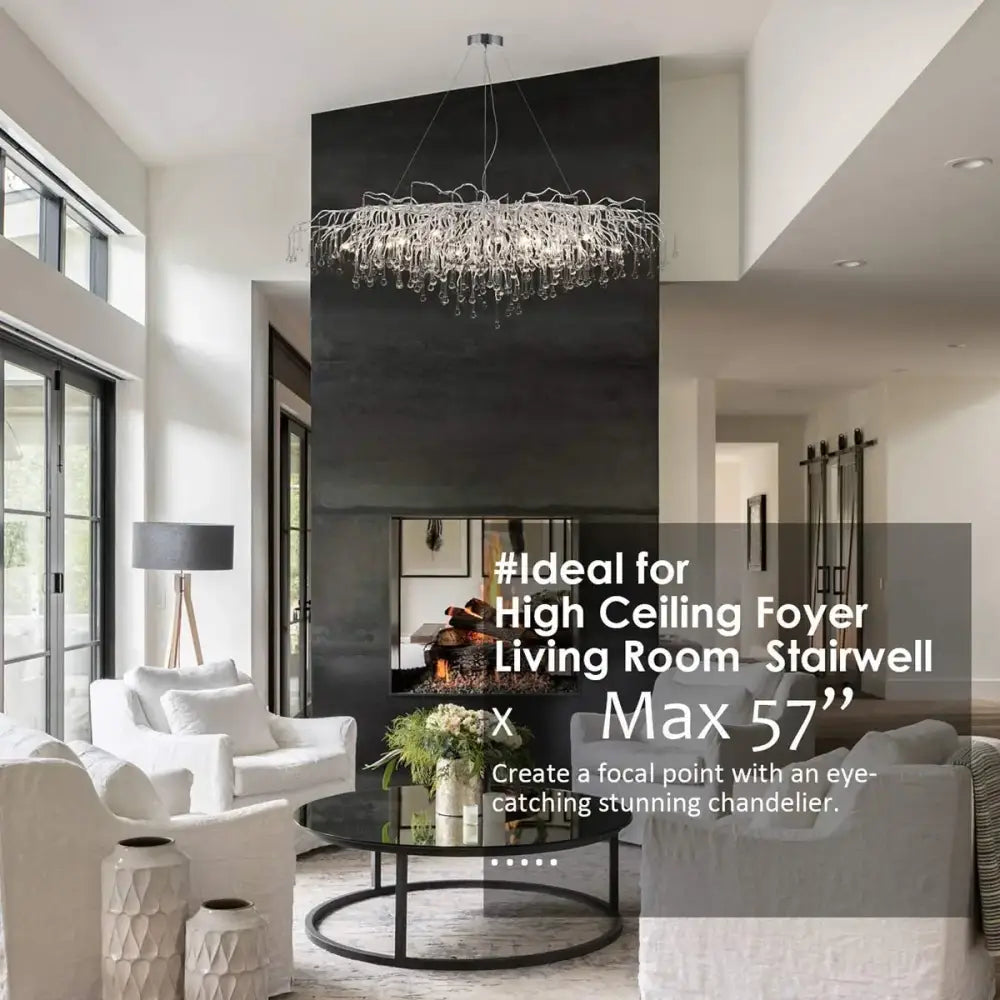 DecorBites modern chrome crystal chandelier with silver metallic frame and crystal droplets for living room lamp package