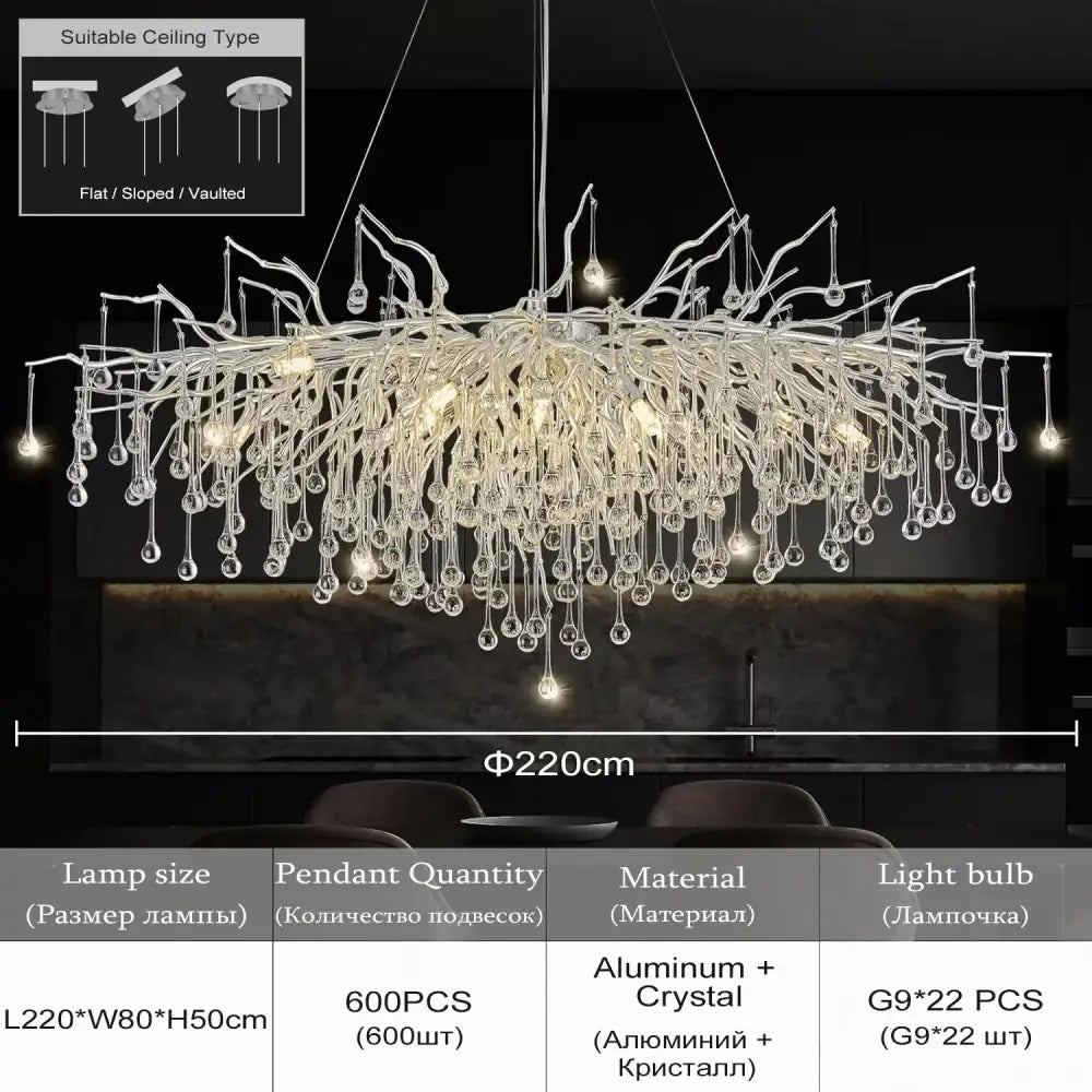 Decorbites modern chrome crystal chandelier with aluminum arms and clear crystal droplets for living room lighting