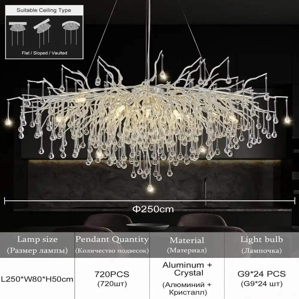 DecorBites™ modern chrome crystal chandelier with clear droplets and aluminum frame for living room lamp package