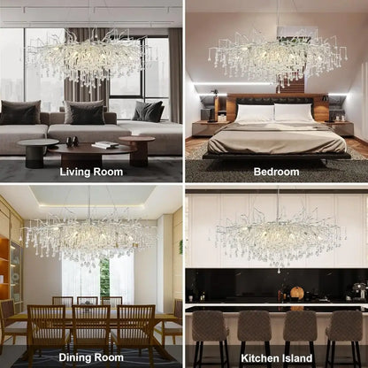 DecorBites™ modern chrome crystal chandelier with branching design and glass elements for living room lamp package
