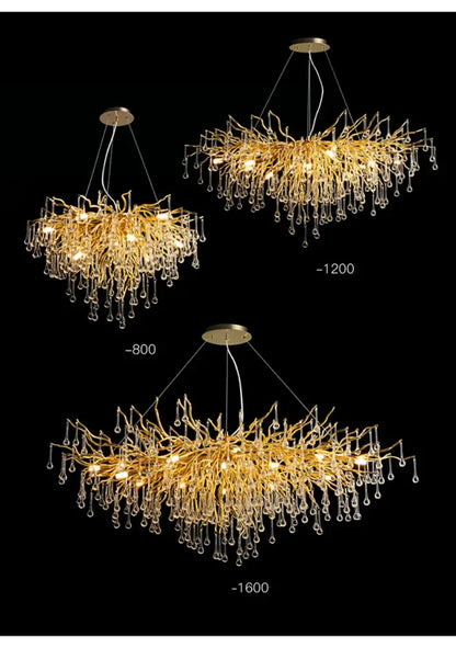 DecorBites™ modern chrome crystal chandelier with golden branches and warm LED lights for living room lamp package