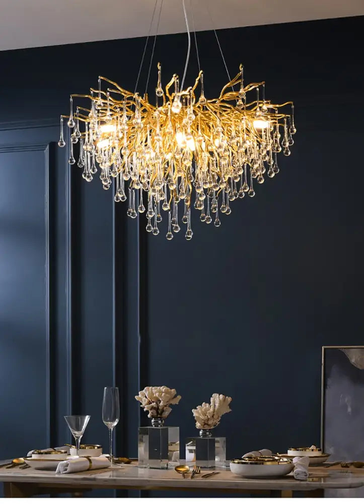Golden branch-style crystal chandelier with dangling droplets for living room lamp package by DecorBites™