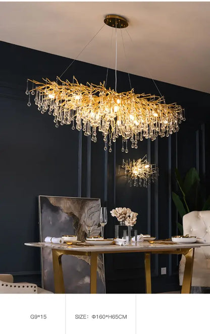 Golden branch-style crystal chandelier with dangling droplets lamp package for modern living room DecorBites™
