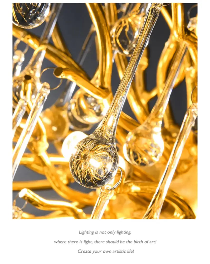DecorBites™ modern chrome crystal chandelier with golden glass and teardrop pendants for living room lamp package