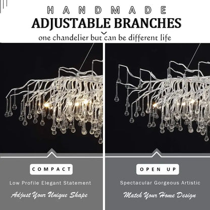 DecorBites modern chrome crystal chandelier with silver metallic adjustable arms and dangling crystal orbs for living room