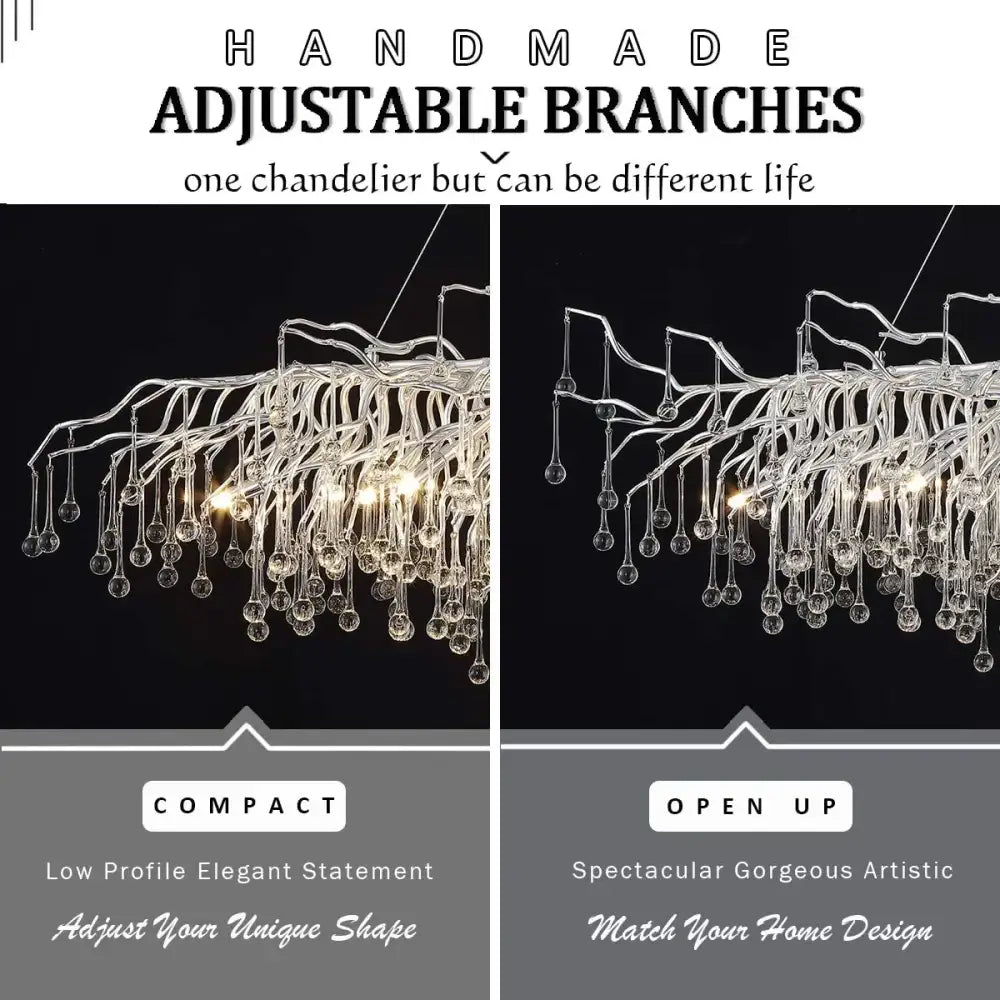 Silver metallic crystal chandelier with adjustable branch-like arms and dangling orbs for living room lamp package