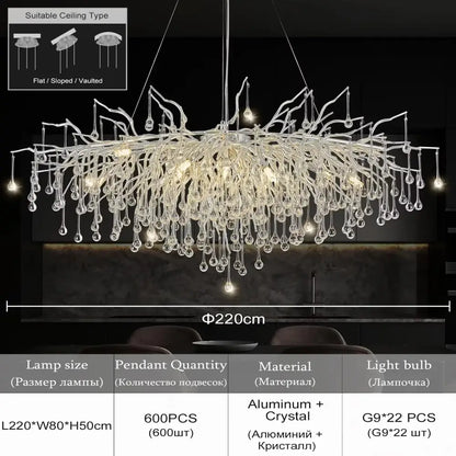 DecorBites modern chrome crystal chandelier with clear crystal droplets and aluminum arms for living room lighting