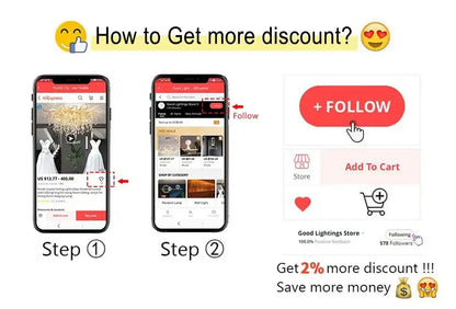 Red oval follow button with white text and hand cursor icon for decorbites modern chrome crystal chandelier lamp package