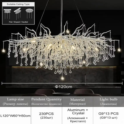 Decorbites modern chrome crystal chandelier with a 120cm aluminum frame and dangling raindrop crystal droplets lamp package