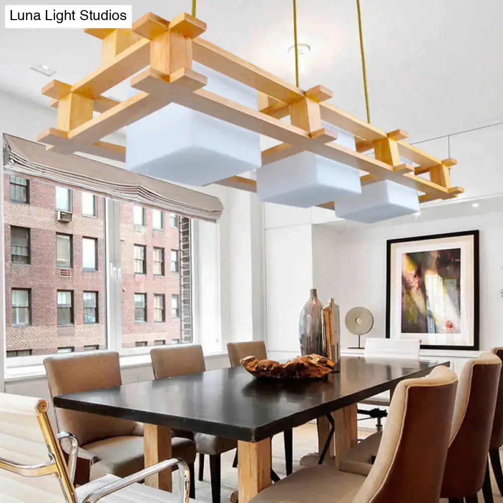 DecorBites™ modern pendant light with cream glass cube shades and wooden frame hanging pendant light fixture