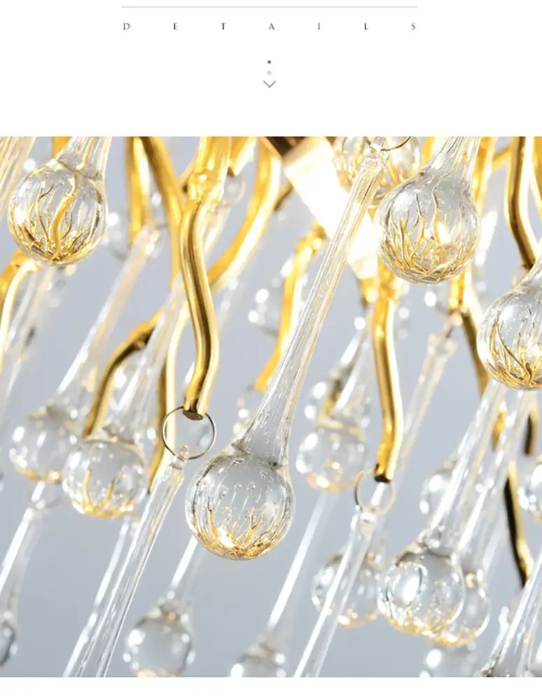 Elegant gold-toned DecorBites™ modern crystal chandelier with clear glass teardrop pendants for living room or bedroom