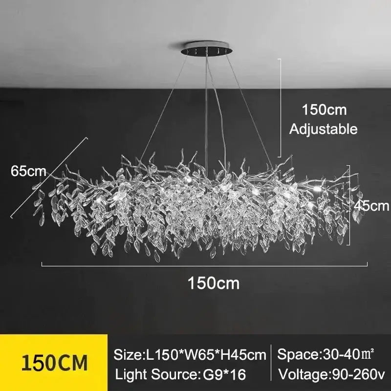 DecorBites™ modern crystal ceiling chandelier with 150cm adjustable LED branches and leaves for living room lighting