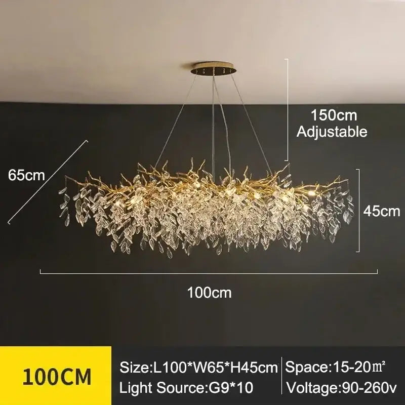 Gold-toned DecorBites™ modern crystal ceiling chandelier with cascading crystal leaves for luxurious living room spaces