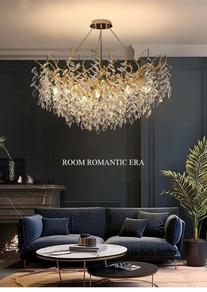 Gold-toned DecorBites™ modern crystal ceiling chandelier with cascading crystals and LED lighting for living room use