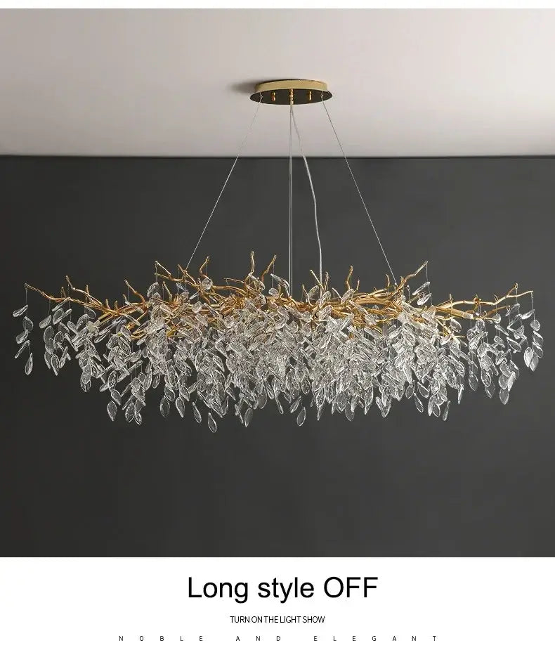 DecorBites™ modern crystal ceiling chandelier with gold tone branch structure and clear crystal leaves for living room