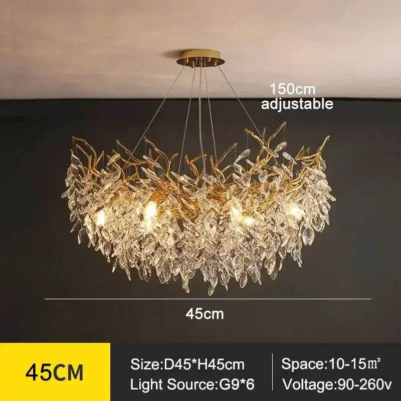 Gold-toned decorbites™ modern crystal ceiling chandelier with cascading crystal leaves and six g9 LED lights for living room