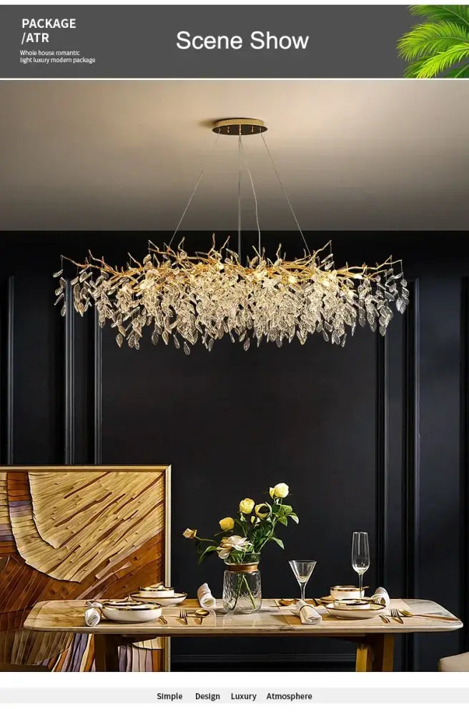 Golden branch-style modern crystal ceiling chandelier with crystal leaves hanging from circular living room mount