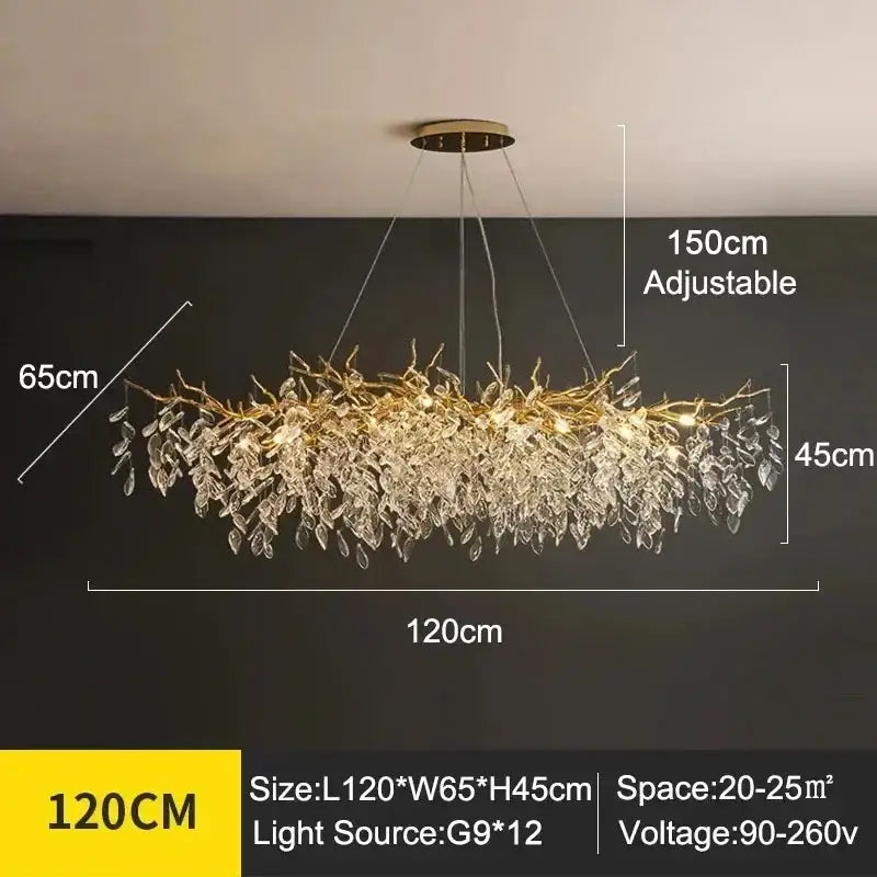 Decorbites™ modern crystal ceiling chandelier with golden branch design and adjustable height for living room use