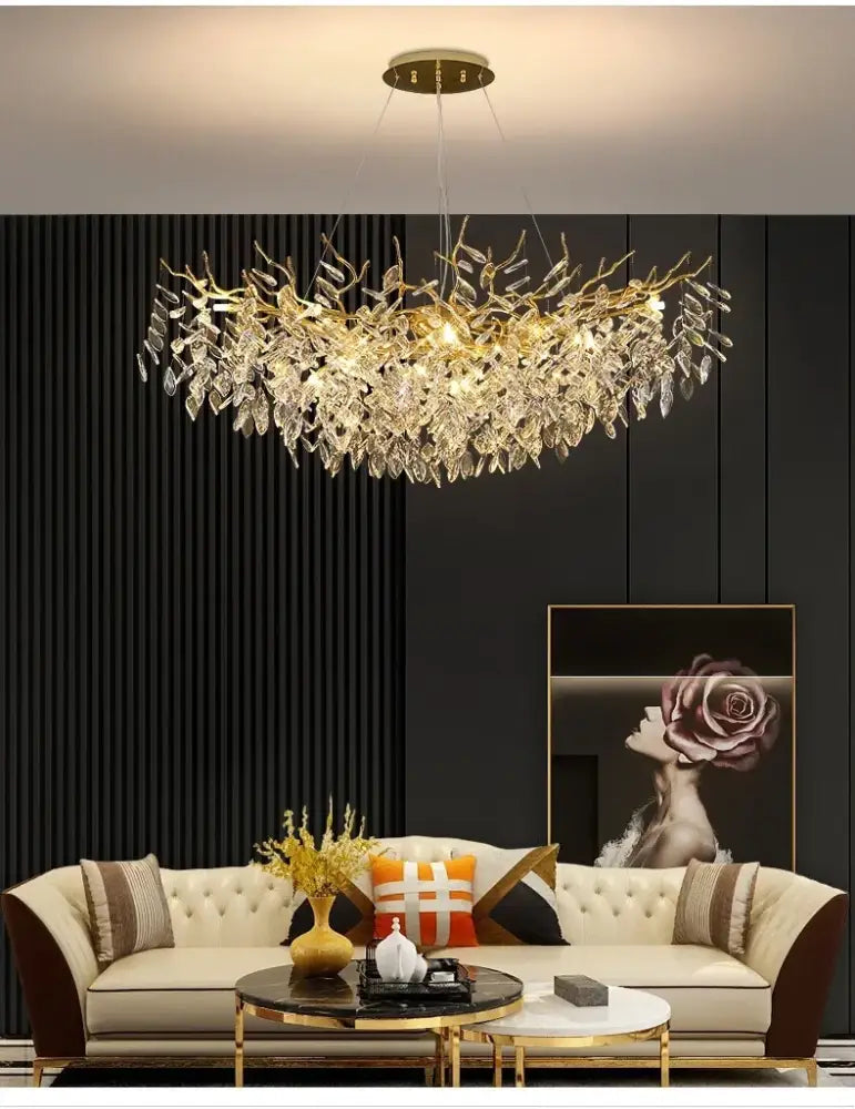 DecorBites™ modern crystal ceiling chandelier with golden leaf design and LED lighting for living room decor