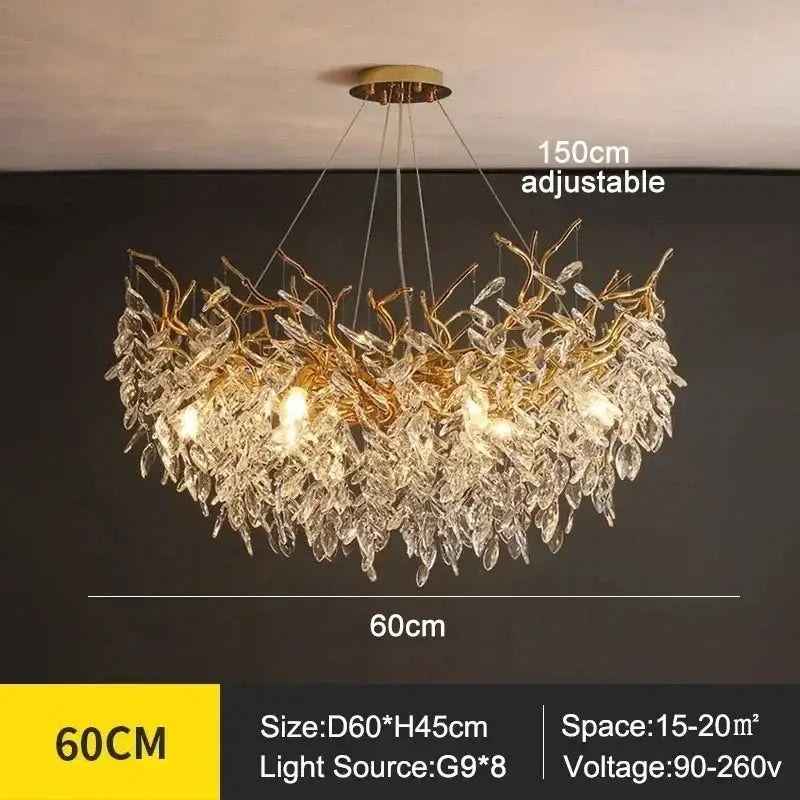 DecorBites™ modern crystal ceiling chandelier with golden leaf design and clear crystal droplets for living room lighting