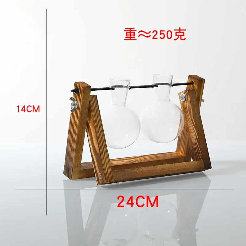 Wooden a-frame stand holding two clear crystal glass test tube vase planters by DecorBites™ modern design