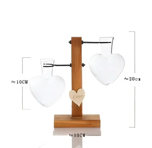 Modern crystal glass test tube vase featuring wooden heart-shaped glass flasks with clear crystal glass hearts on wooden base