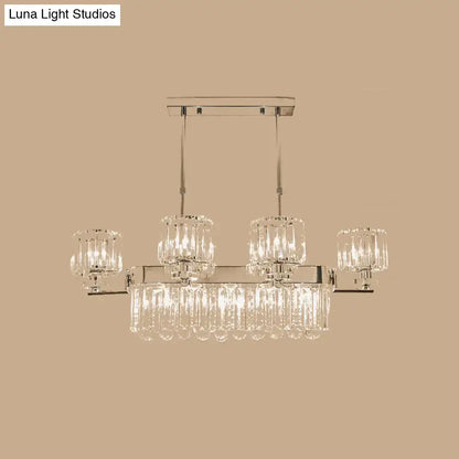 Decorbites™ modern crystal island light chrome rectangle pendant fixture with clear crystal prisms and teardrop crystals for dining room ceilings 220v-240v 110v-120v light fixture
