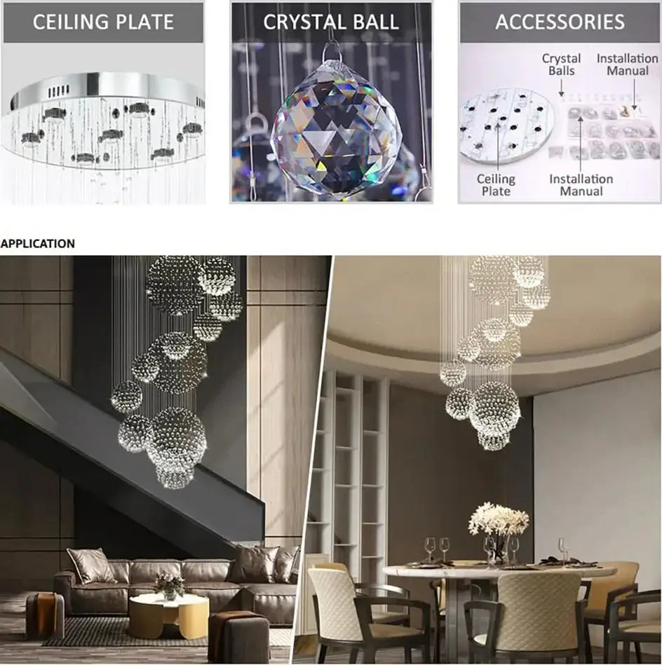 DecorBites™ modern crystal chandelier with 13 faceted spheres and led bulbs for high ceiling lighting