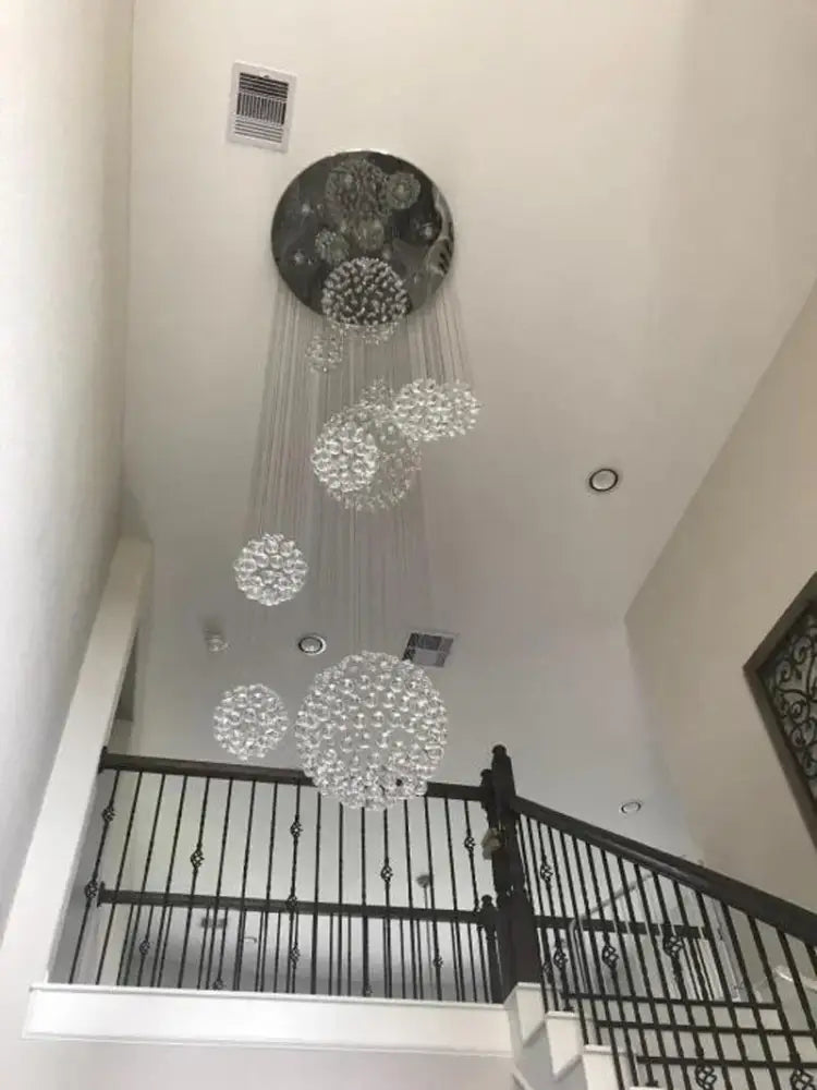 DecorBites™ modern crystal chandelier with 13 clear crystal spheres and led bulbs for high ceiling lighting