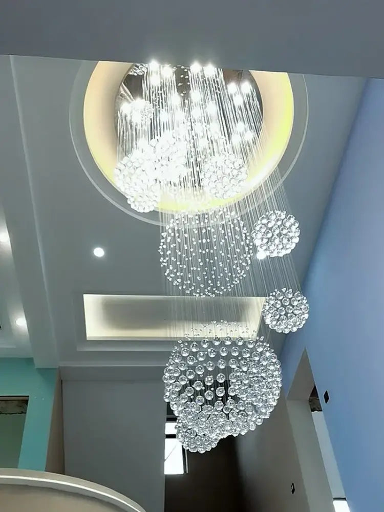 DecorBites modern crystal chandelier with 13 lights and cascading clear glass beads for high ceiling with led bulbs