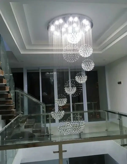DecorBites™ modern crystal chandelier with 13 cascading spherical clusters and led bulbs for high ceiling spaces