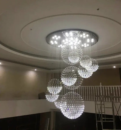 DecorBites™ modern crystal raindrop chandelier with cascading clear faceted crystals for high ceiling with led bulbs