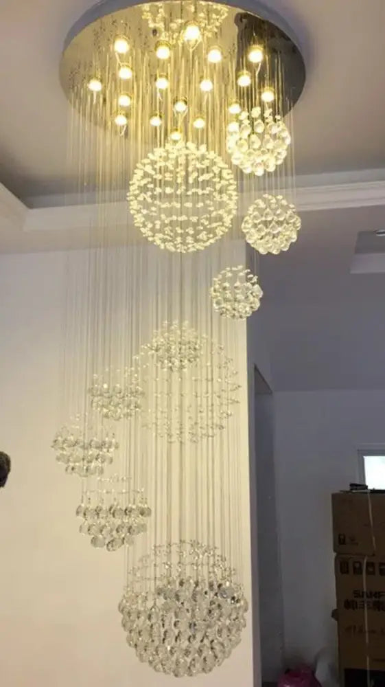 DecorBites™ modern crystal chandelier with 13 clear glass spheres and led bulbs for high ceiling lighting