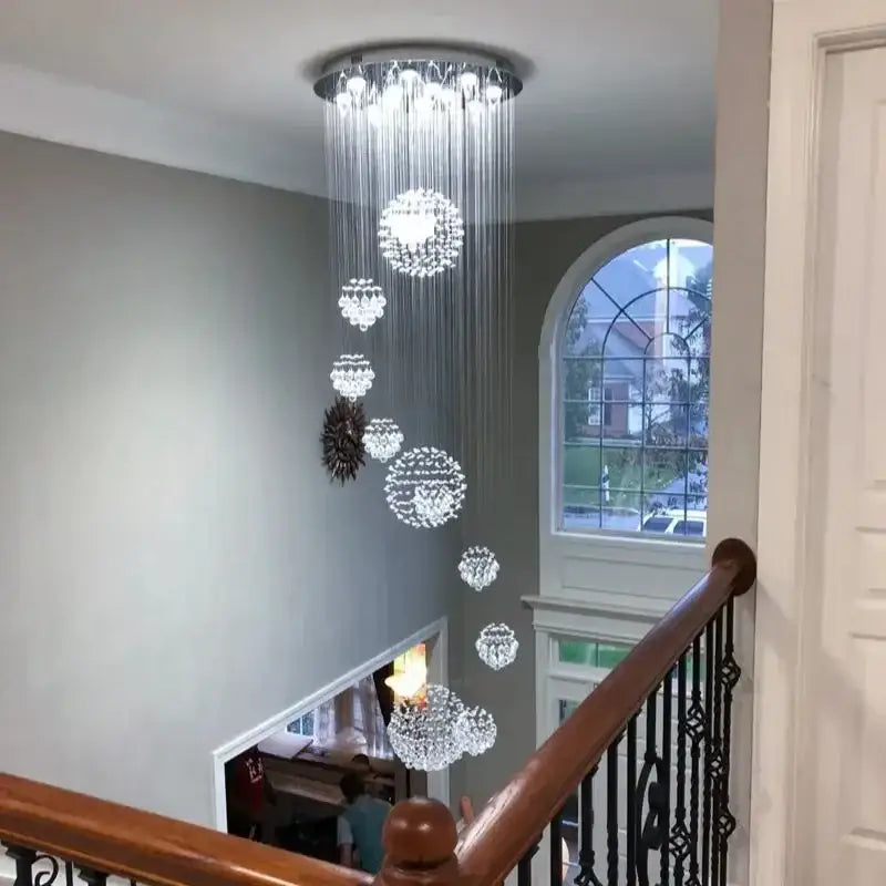 DecorBites™ modern crystal chandelier with 13 cascading spherical pendant led bulbs for high ceiling spaces
