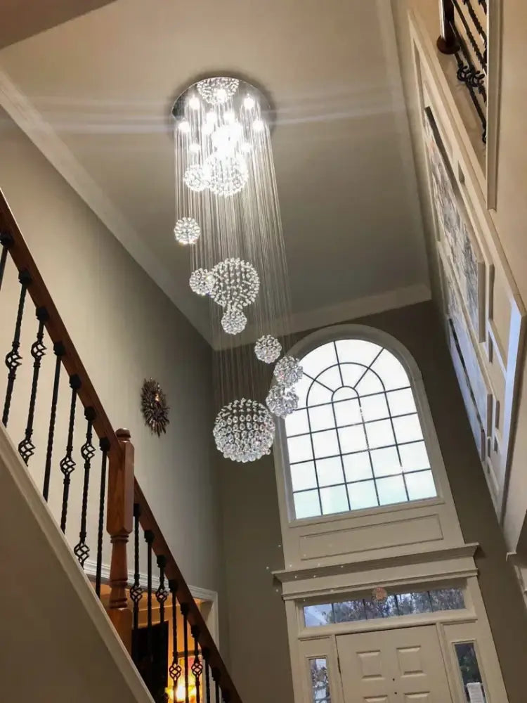 DecorBites™ modern crystal chandelier with cascading spherical clusters and led bulbs ideal for high ceilings