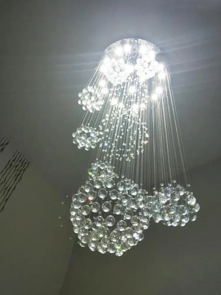 DecorBites modern crystal chandelier with cascading clear glass spheres and led bulbs ideal for high ceiling spaces