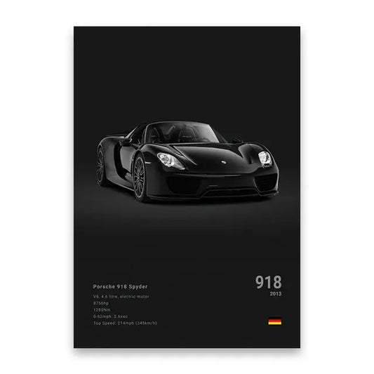 Decorbites™ modern famous cars canvas wall art featuring a black porsche 918 spyder with sleek aerodynamic design and glossy finish