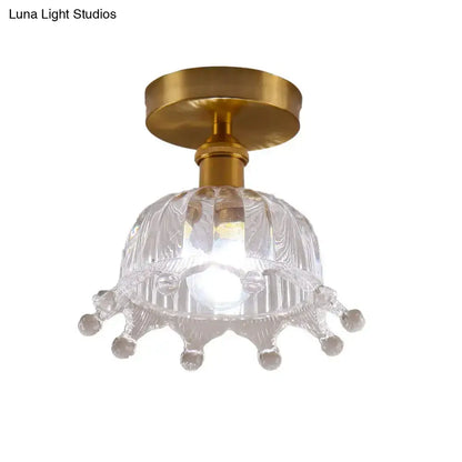 Clear glass floral glass ceiling light with gold-toned metal base and crown-like ridges compatible with 110v-120v 220v-240v