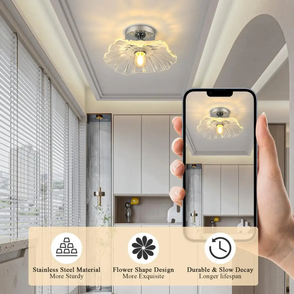 DecorBites™ modern flower chandelier ceiling light with clear vintage glass shade and stainless steel base