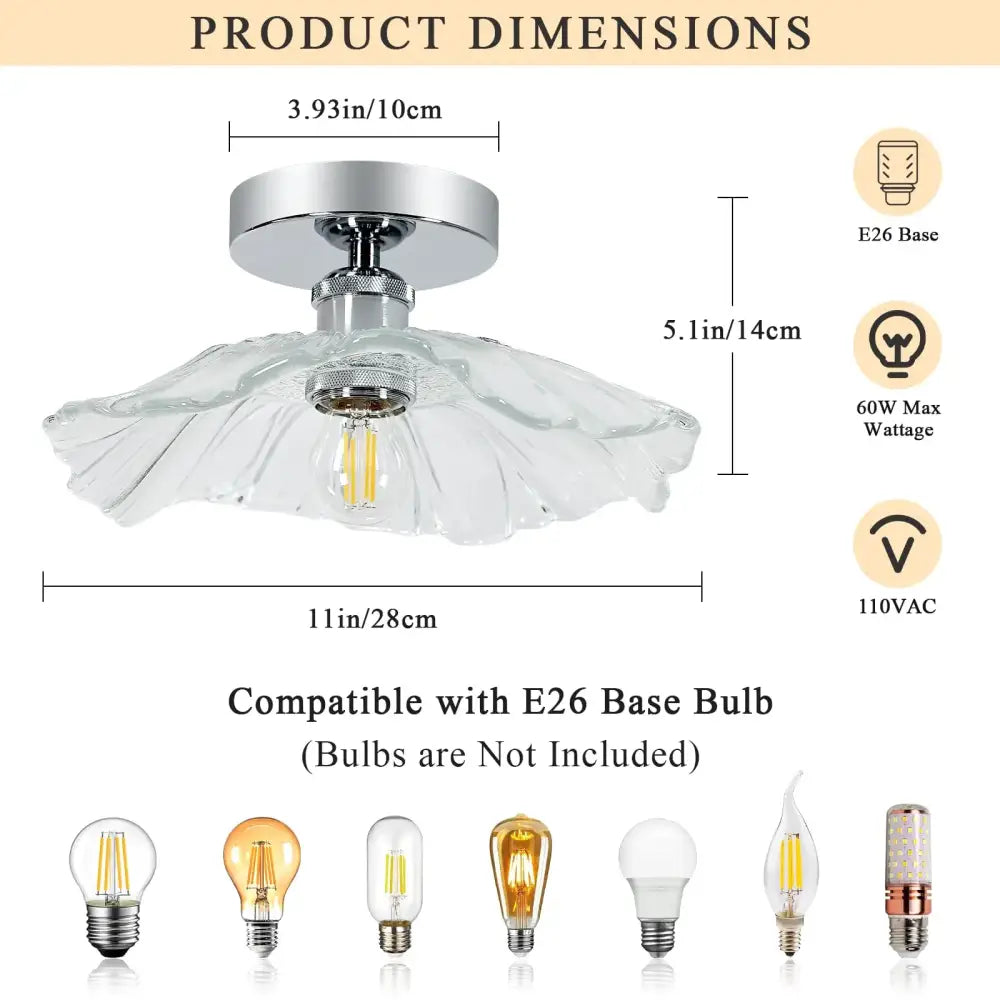 DecorBites™ modern flower ceiling light with clear vintage glass leaf shade and chrome metal base with e26 bulb socket
