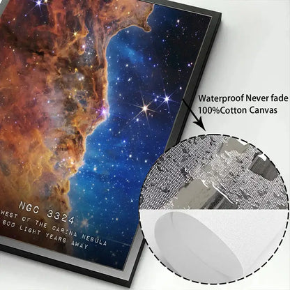 A framed DecorBites modern galaxy canvas art print with vibrant orange and blue nebula hues on 100 percent cotton wall art piece