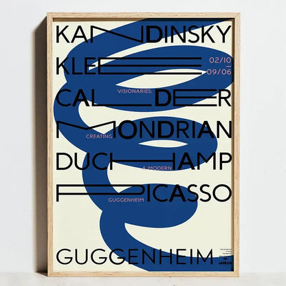 A framed decorbites modern geometric bauhaus poster with bold black typography and blue abstract swirls on cream background