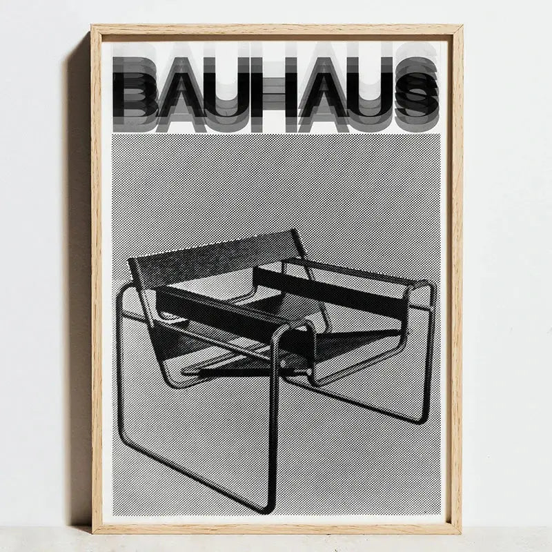Black and white modern geometric bauhaus canvas featuring a minimalist light wood frame chair design by DecorBites™