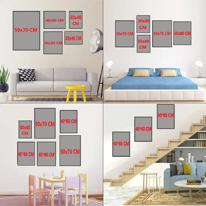 Gray framed modern geometric bauhaus canvas wall art prints in various sizes displayed on walls by decorbites